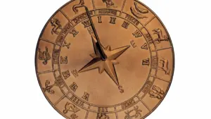 Bronzas zodiaka aplis ar iegravētām zīmēm un romiešu cipariem laika atskaitei