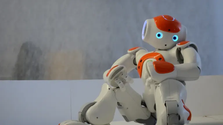 Balti un oranžs robots sēž un vēro apkārtni Slampes robotu šovam