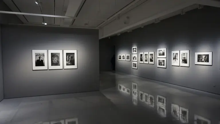Mūsdienīga mākslas galerija ar fotogrāfijām pie sienām izstāžu zālē.