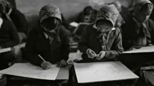 Melanholiska melnbalta fotogrāfija ar bērniem, kuri skolā rūpīgi zīmē pie saviem galdiem.